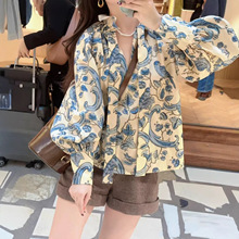 南油衬衫高货欧洲站法式田园风印花荷叶边系带泡泡袖休闲衬衫上衣