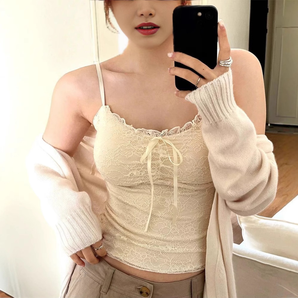 Pure Desire Lace Camisole Women's Summer Outerwear V-Neck Tie Chest Pad Beautiful Back Hot Girl Bottoming Mesh Sexy Top