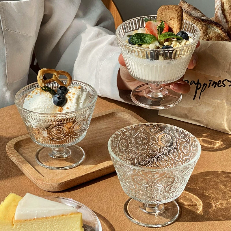 Стеклянная ретро-рельефная миска для мороженого в стиле подсолнуха, стеклянная чашка для йогурта, стеклянная чашка для воды
