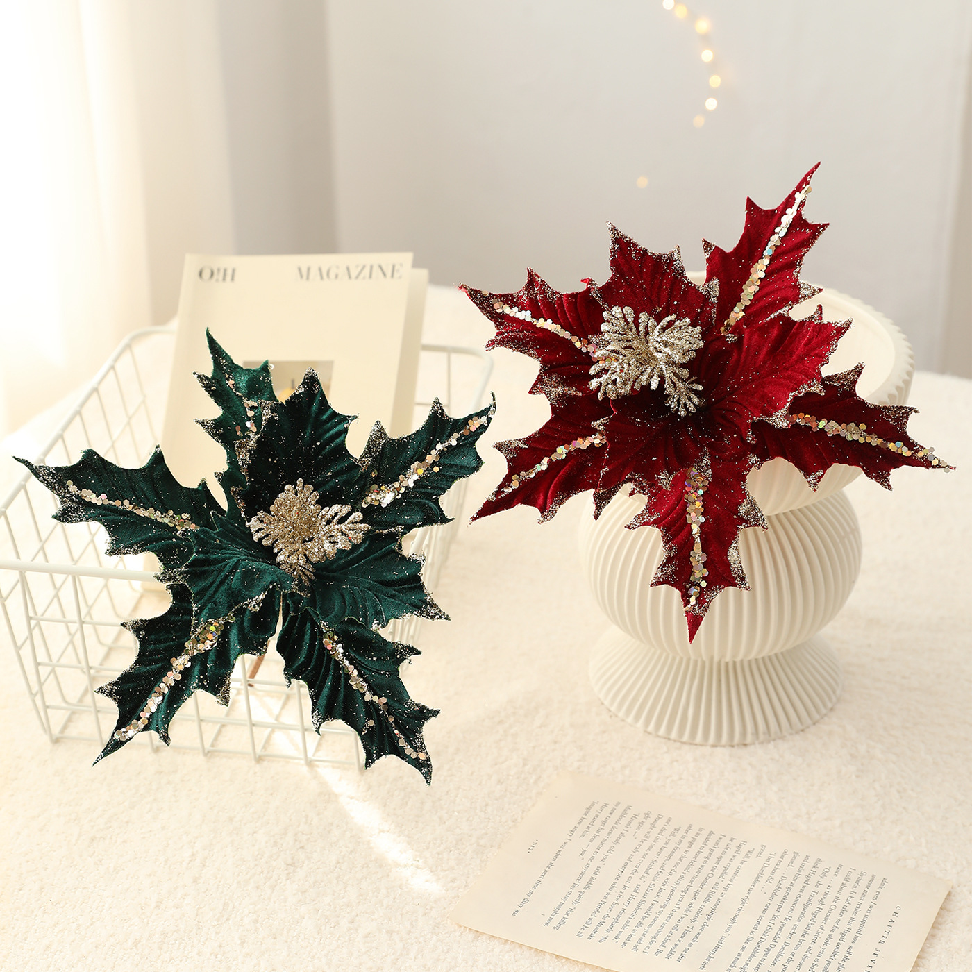 Nuevo producto 15CM floquete de polvo adhesivo de flores de Navidad de alta calidad tela ligera de lujo decoración de Navidad flores simuladas