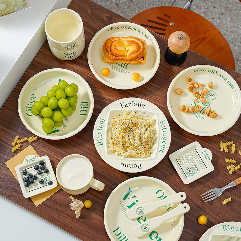 High-Looking Retro Letter Ceramic Plate Korean Ins Style Cream Color Popular Household Fruit Dessert Cake Plate