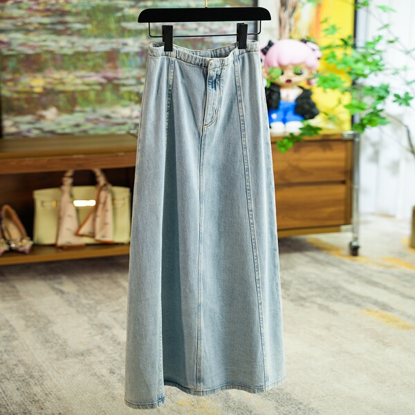 Versatile High-Waisted Long Denim Skirt with Back Slit for Summer 0320