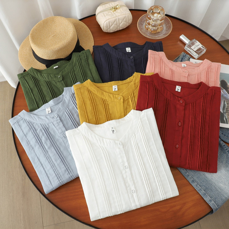Japanese-style double-layer cotton gauze stand-up collar long-sleeve shirt for women, export quality, soft, skin-friendly, breathable, pure cotton accordion pleat top Japanese-style double-layer cotton gauze stand-up collar long-sleeve shirt for women, export quality, soft, skin-friendly, breathable, pure cotton accordion pleat top