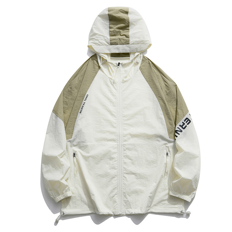 トレンディなブランドの高品質カップルフード付き日焼け防止服メンズ夏の抗 UV 薄いコントラストカラーコートメンズスキン服|undefined