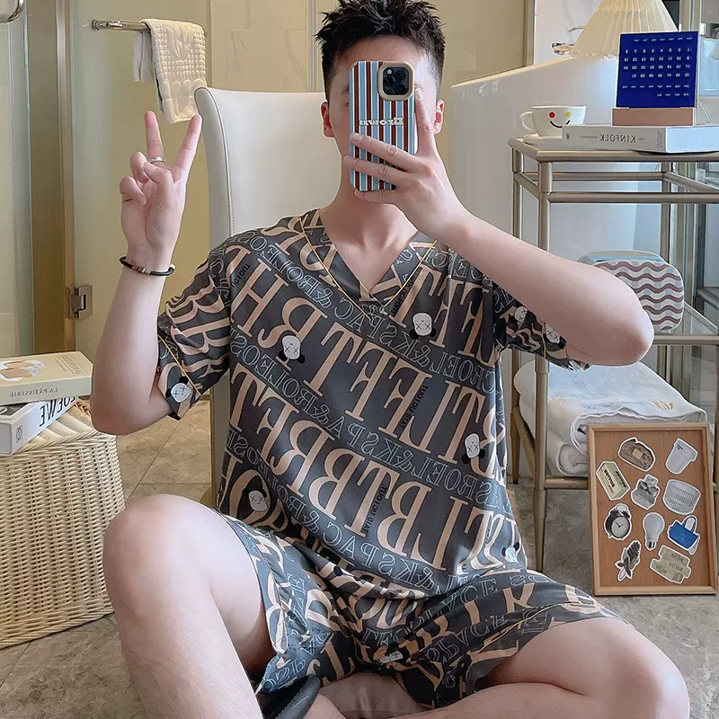 睡衣男夏季绵绸短袖V领男士短袖短裤青少年可外穿棉绸套装家居服