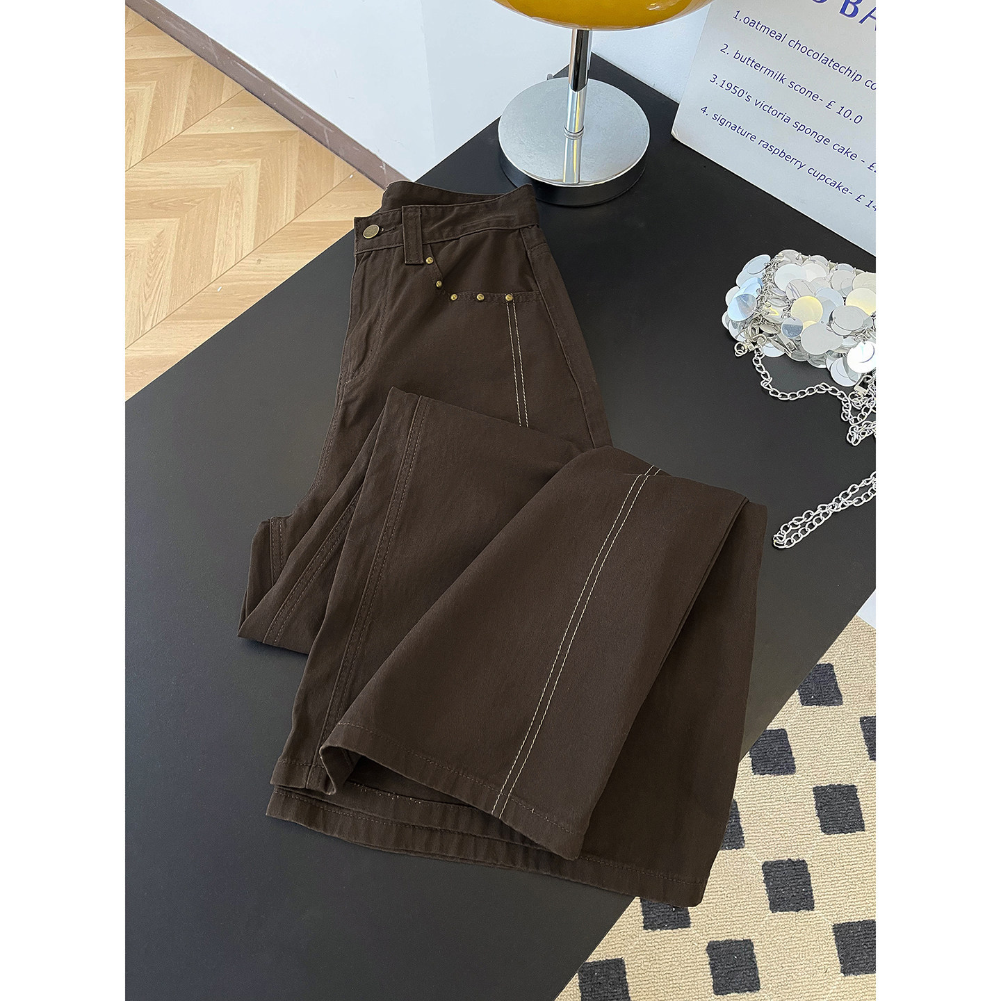 Women's High-Waisted Slimming Wide Leg Trousers Brown Rhinestone Patchwork Casual Denim Jeans Pocket Detail Retro American Style Spring Fashion_ecoleips.com