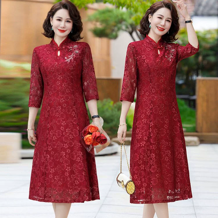 Летняя одежда для женщин среднего и пожилого возраста, элегантная и элегантная, улучшенная юбка-чонсам, новый стиль, модное кружевное платье для 40-летней мамы.