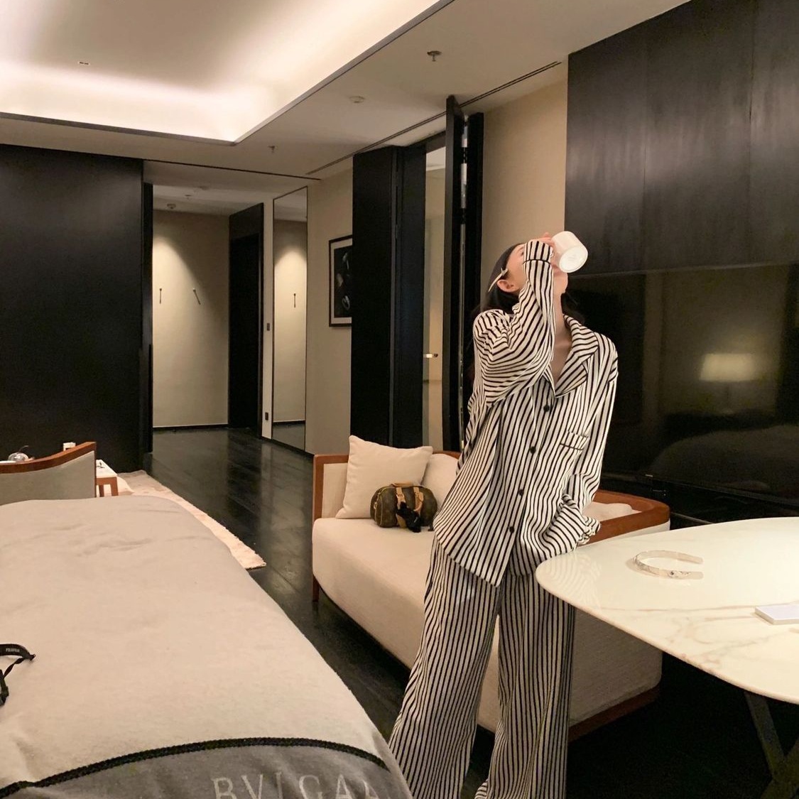 ストライプパジャマ女性春秋新長袖長ズボンins日系カジュアルシンプル学生ルームウェア