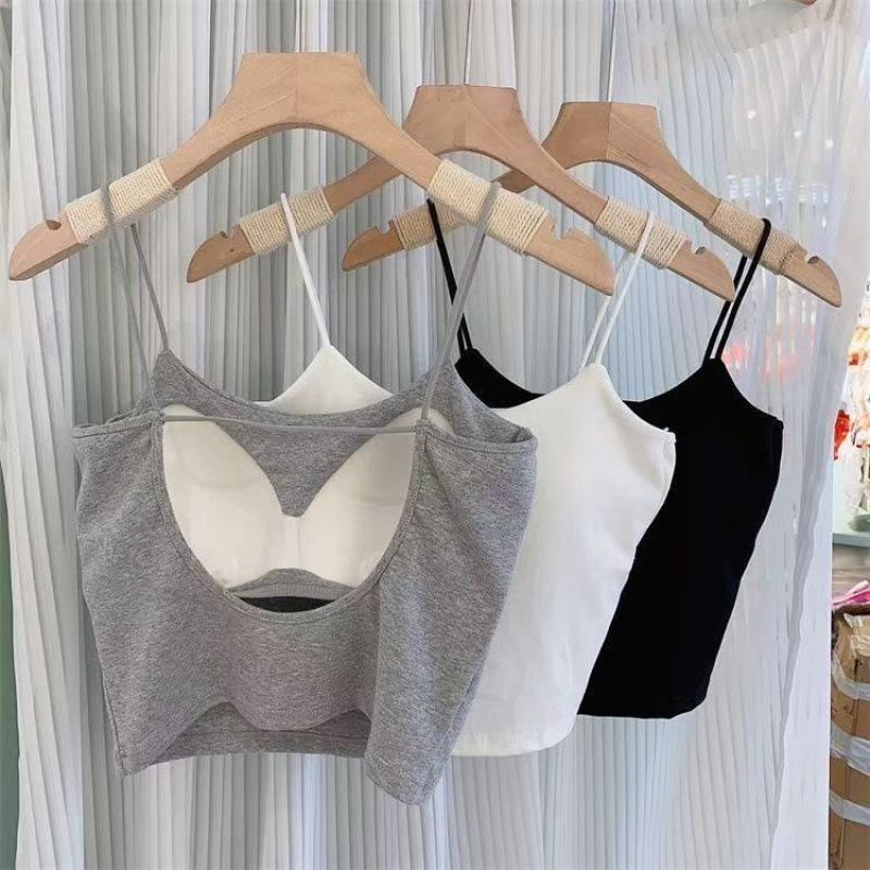 女性用純綿キャミソール、大きなU字型の美しい背中、インナーとアウター、ノンワイヤー、胸パッド付き、オールインワン、スリムフィット、夏に万能|undefined