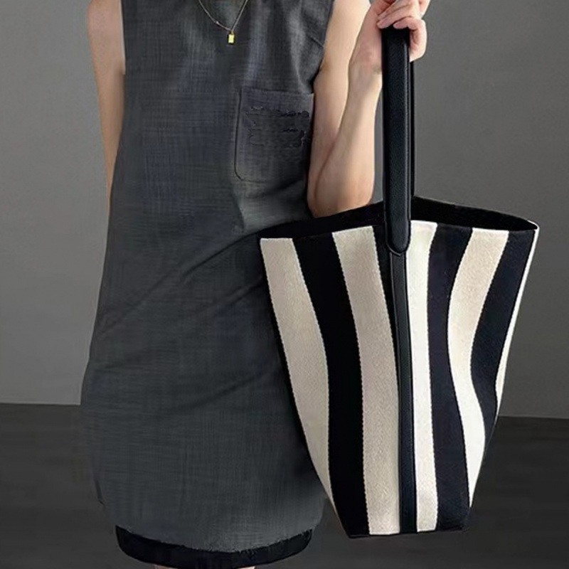 Korean Niche Striped Canvas Bag New Style Large Capacity Tote Bag Shoulder Bucket Bag Korean Niche Striped Canvas Bag New Style Large Capacity Tote Bag Shoulder Bucket Bag