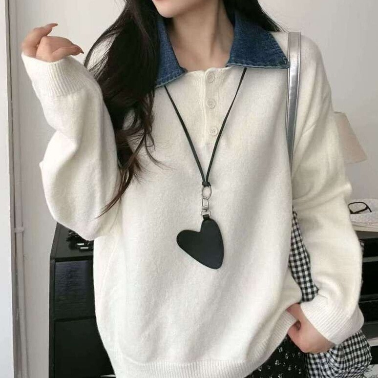 Lazy-style denim patchwork knit sweater, women's 2026 new autumn/winter collection, loose and casual top, trendy
