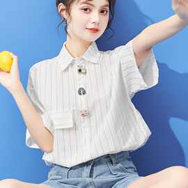 2023夏新款竖条纹短袖白衬衫女宽松少女学生纯棉纽扣衬衫上衣