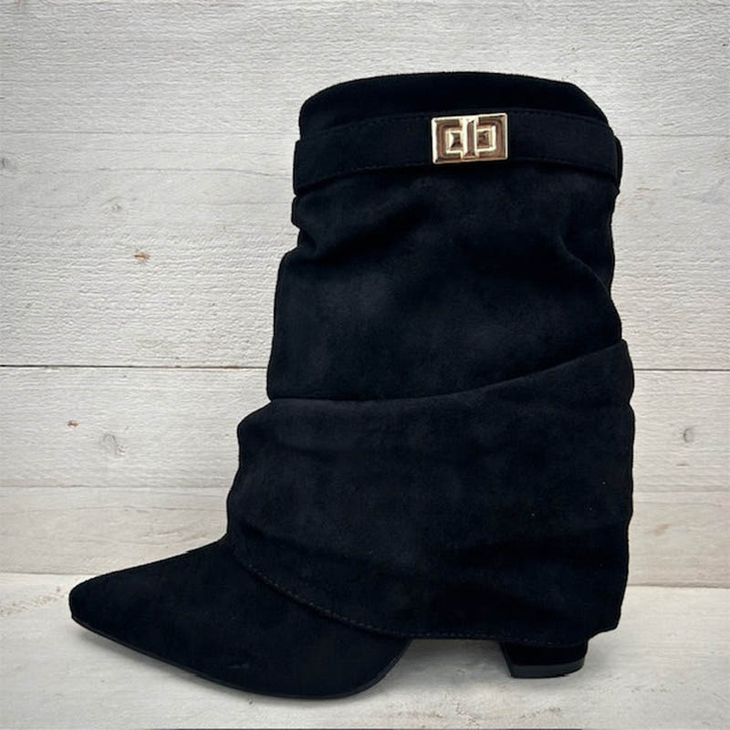 2026 Foreign Trade Cross-Border Women's Shoes Pointed Toe Straight Pleated Metal Buckle Short Boots Large Size Thick Heel Trouser Boots Women's Boots