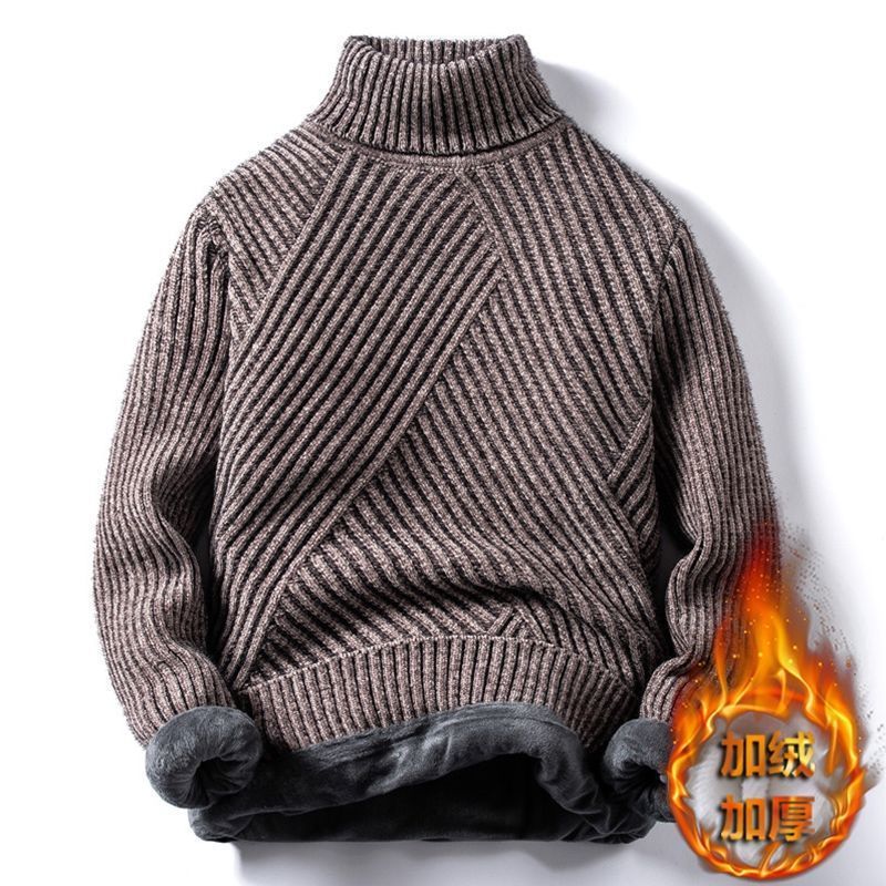 2021冬季潮男士加绒加厚毛衣条纹高领打底针织衫冬装雪尼尔保暖衣