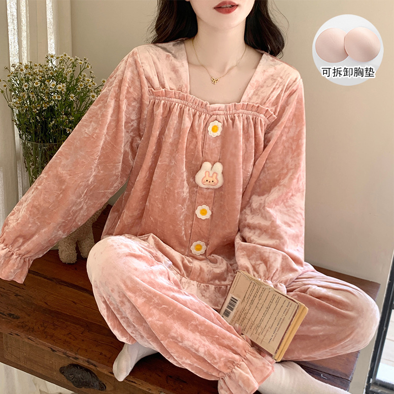 金丝绒睡衣女春秋季新款带胸垫一体长袖甜美公主风宽松家居服套装|undefined