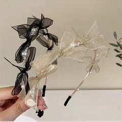 Vintage French Pearl Hairband with Tulle Butterfly Bow, Women's Summer Ultra-Chic and Trendy Hair Accessory, 2022 New Arrival