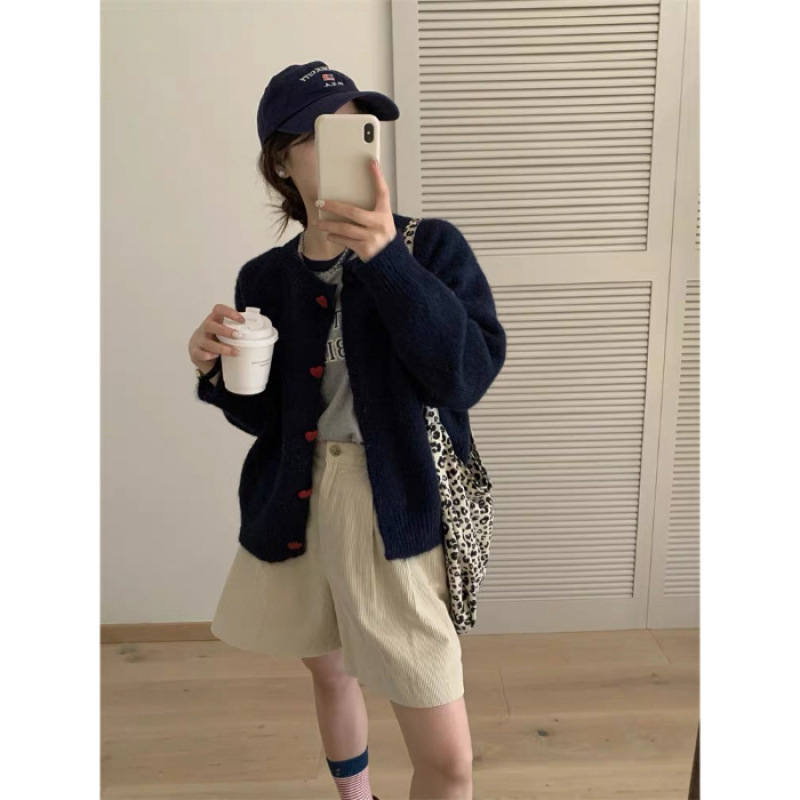 韩系温柔毛茸茸毛衣外套女秋冬宽松软糯爱心扣针织开衫插肩袖上衣|undefined