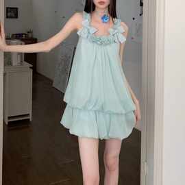 韩系温柔风超好看薄荷曼波女减龄立体花朵无袖背心收腰短裙小个子