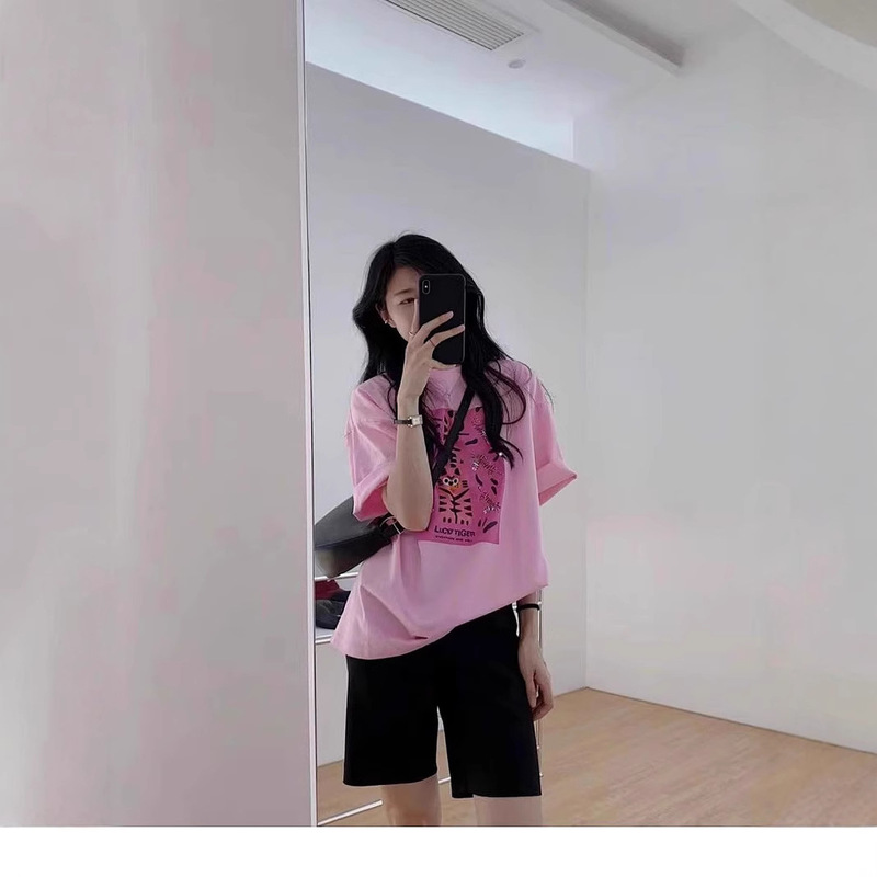 Pure Cotton Pink Short-sleeved T-shirt Women's New Summer Loose High-end Age-reducing Fashionable All-match Half-sleeved Niche Top Pure Cotton Pink Short-sleeved T-shirt Women's New Summer Loose High-end Age-reducing Fashionable All-match Half-sleeved Niche Top