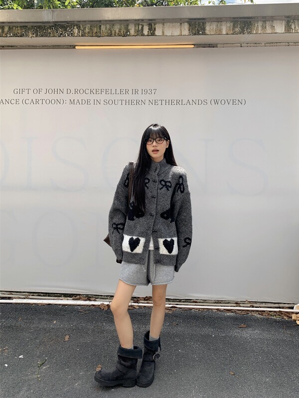 慵懒风撞色图案加厚毛衣外套女秋冬2025新款时尚百搭立领长袖上衣|undefined
