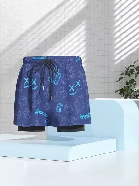 Men's Double-Layer Printed Swim Shorts, Quick-Dry, Anti-Embarrassment, Sports Beach Shorts, Summer Shorts