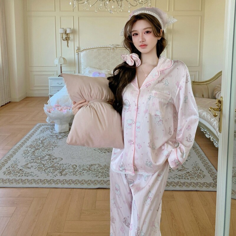 26 Cartoon Lace Ice Silk Pajamas for Women, Spring and Autumn Long Sleeve Long Pants Loungewear, Sweet Style for Xiaohongshu and Douyin, Suitable for Wearing Outside 26 Cartoon Lace Ice Silk Pajamas for Women, Spring and Autumn Long Sleeve Long Pants Loungewear, Sweet Style for Xiaohongshu and Douyin, Suitable for Wearing Outside