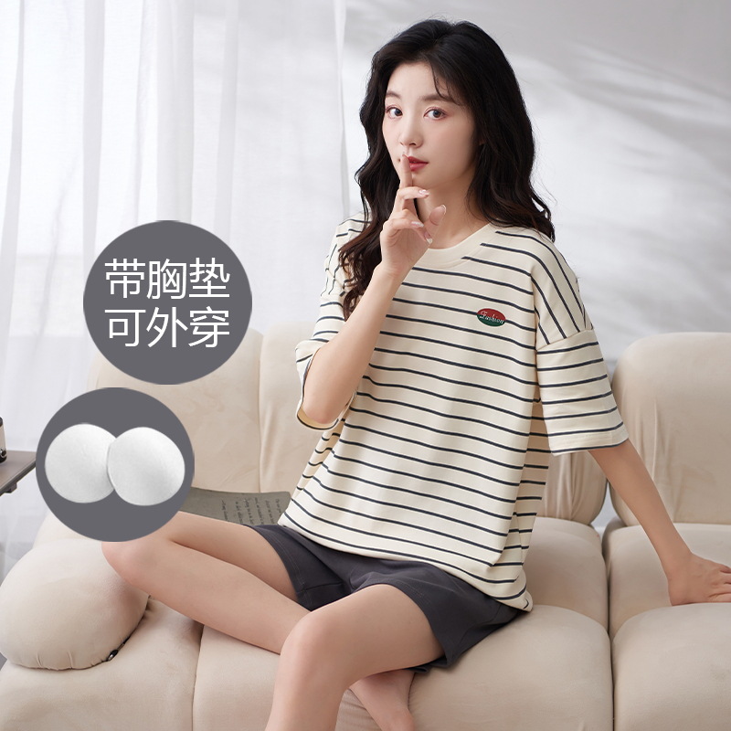 Pijamas de verano para mujer con almohadillas para el pecho, pantalones cortos dulces y bonitos que se pueden usar en el exterior, conjunto de algodón puro de manga corta, novedad 2026, ropa para el hogar