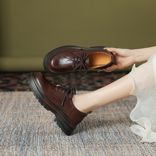 Single-layer shoes for women 2024 spring and summer New thick-soled lace-up small leather shoes retro British style round toe chunky heel loafers for women