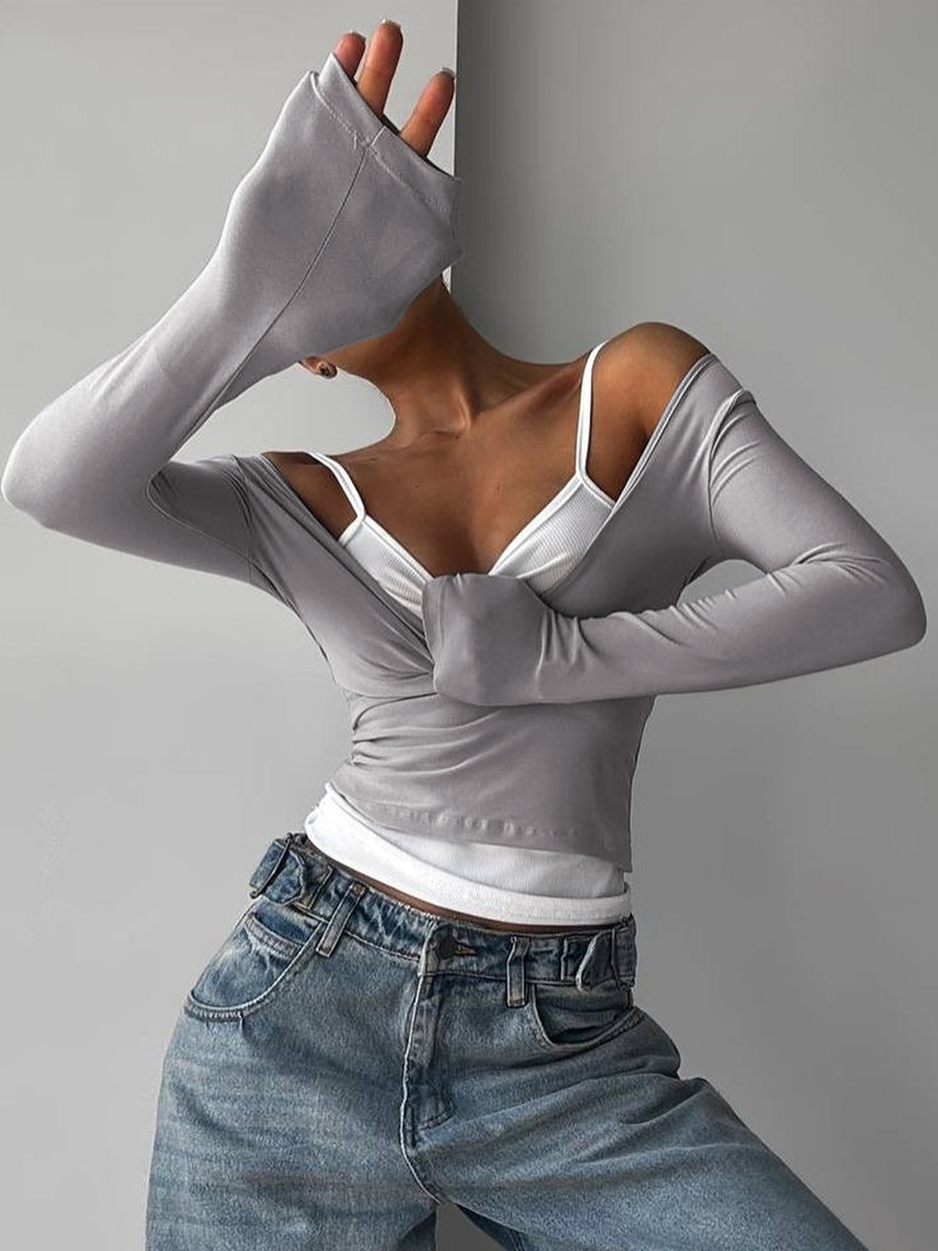 Damen Patchwork Strickjacke Und Tanktop Zweiteiler Herbst Design_voghion.com