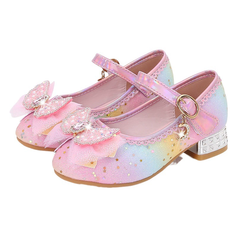 Детские радужные туфли принцессы на высоком каблуке для девочек, новые весенне-осенние туфли для маленьких девочек, детские туфли среднего и большого размера, кожаные туфли