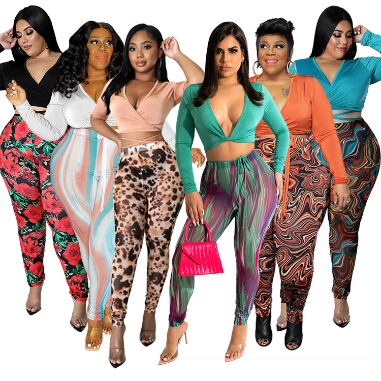 plus size solid color V-Neck Tight Top printed Pants Two-piece Set NSCYF122396