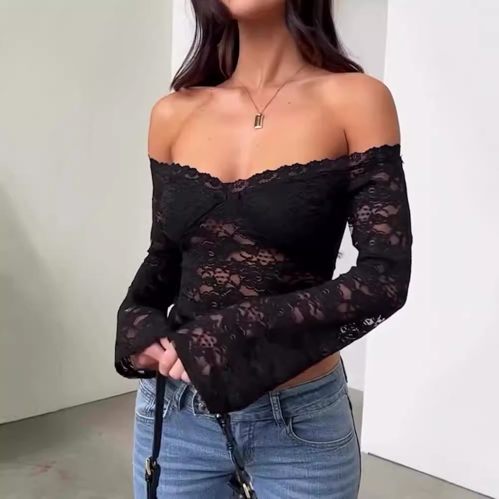 2024 otoño transfronterizo de ropa de mujer europea y americana nueva moda sexy caliente delgada encaje de manga larga camisa corta image 3
