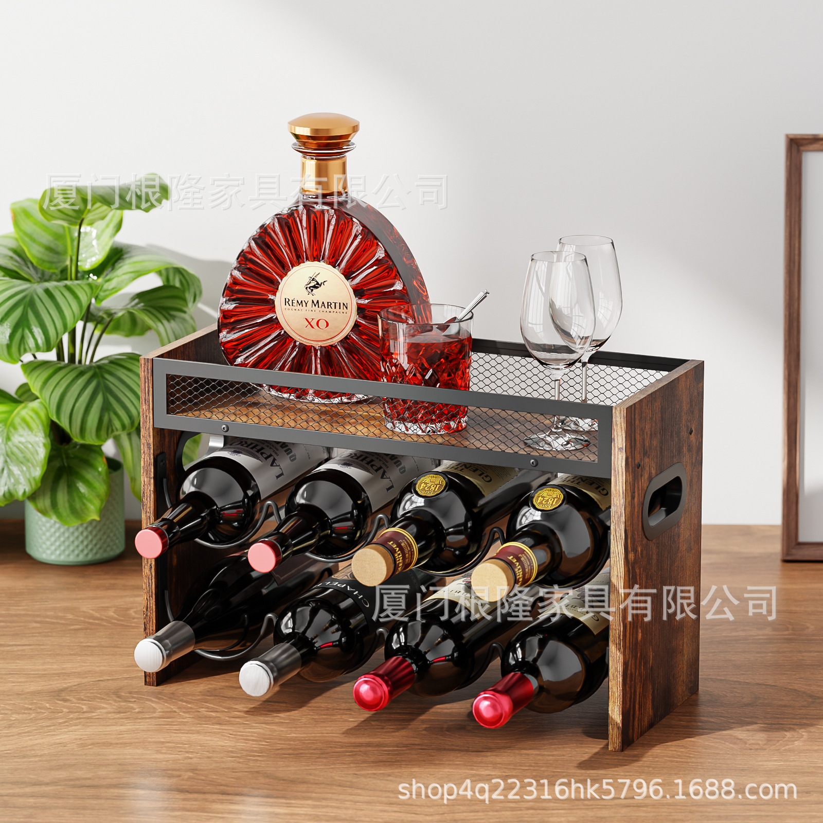 Cross-Border Retro Industrial Style Wooden Metal Wine Rack 2-Layer Multi-Functional 8-Bottle Red Wine Storage Rack Home Bar Wine Set