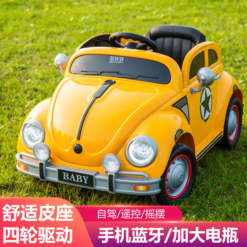 Niños retro coche eléctrico de cuatro ruedas control remoto carro escarabajo todoterreno juguetes para niños se puede sentar coche para niños