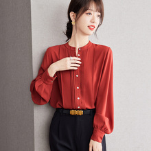 砖红色雪纺垂感衬衫女上衣秋季2023新款韩版简约通勤宽松长袖衬衣