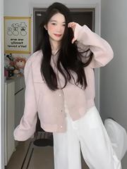 美式棒球服粉色毛呢外套女春秋季2025新款开衫小个子短款夹克上衣
