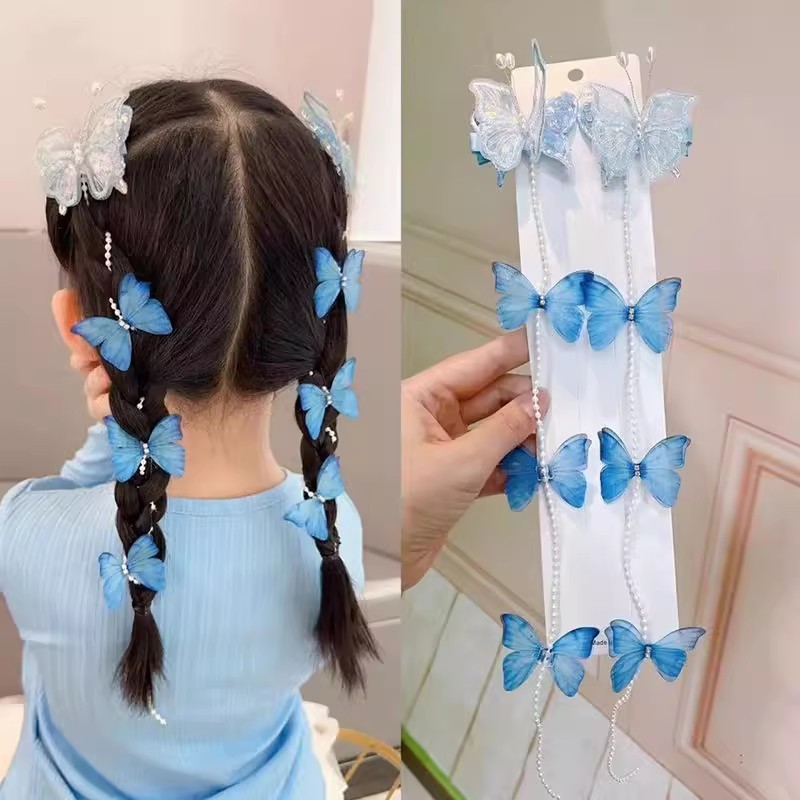 小さな女の子の新しいアンティークスタイルの手作り蝶真珠チェーン編組ヘアピンプリンセス妖精ヘッドフラワービーズヘアバンド頭飾り|undefined