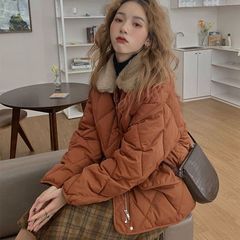 秋冬季薄棉衣色简约学生菱格薄棉服带毛领薄款棉袄女外套