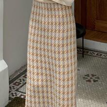 针织半身裙女秋冬2025新款千鸟格修身毛线中长款百搭高腰包臀裙子