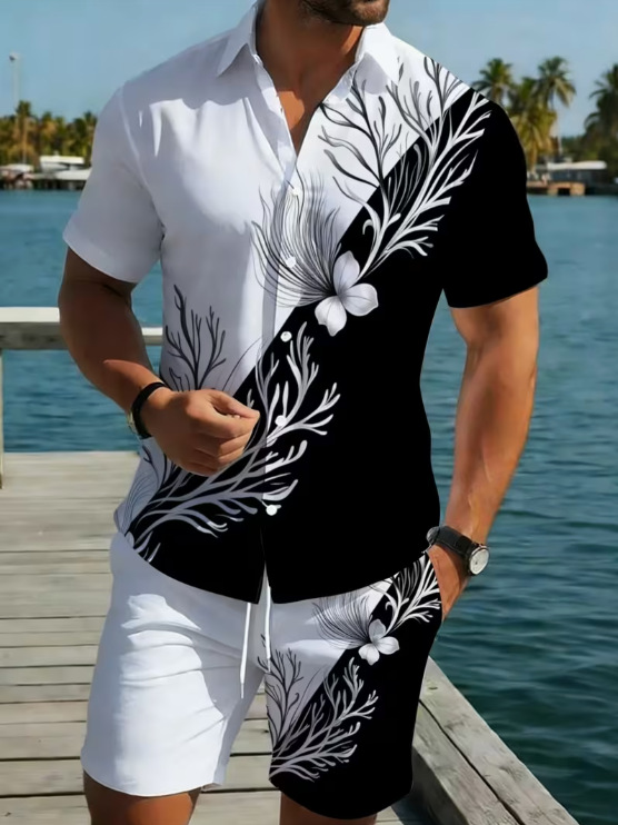 Men's Casual Hawaiian Print Shirt And Shorts Set Polyester Loose Fit Spring Summer Autumn Wear Y2K_viptrois.com