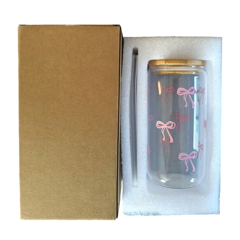 跨境现货印花可乐杯蝴蝶印花水杯高硼硅玻璃杯粉色磨砂可乐杯批发|undefined