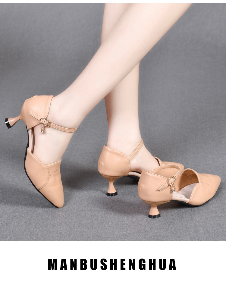 Xăng đan nữ mũi nhọn da thật quai ngang gót nhỏ 3 cm — Gót đen cao 3 cm chi tiết 15