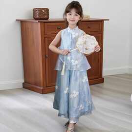 2025夏季新款女童套装无袖上衣阔腿裤新中式国风汉服时尚两件套