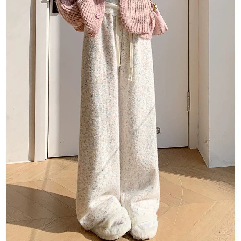 Warm rainbow knitted glutinous rice, demi-season leggings, trousers for leisure, high waist, loose straight fit