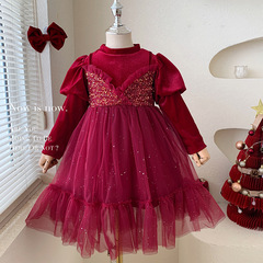 Girls' winter velvet princess dress with Korean style, padded, red, for New Year's Eve party