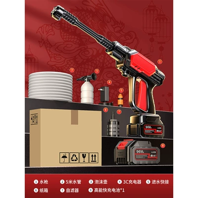 Machine, Household High-Pressure Water Gun: Portable car washer - german-four-pump-pulse-turbocharging-96vh-high-endurance-single-battery-40-knots-power-1-battery-1-charge-5m-water-pipes-six-in-one-nozzle-carton-packaging
