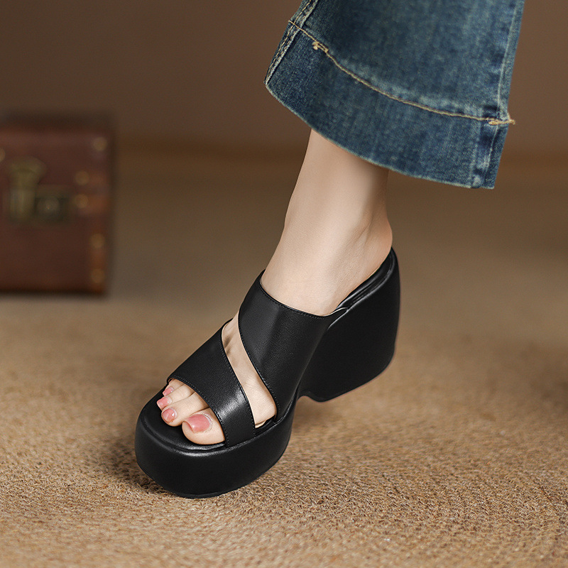 Dép sandal nữ đế xuồng một dây phong cách châu Âu, gót cao 7 cm — đen