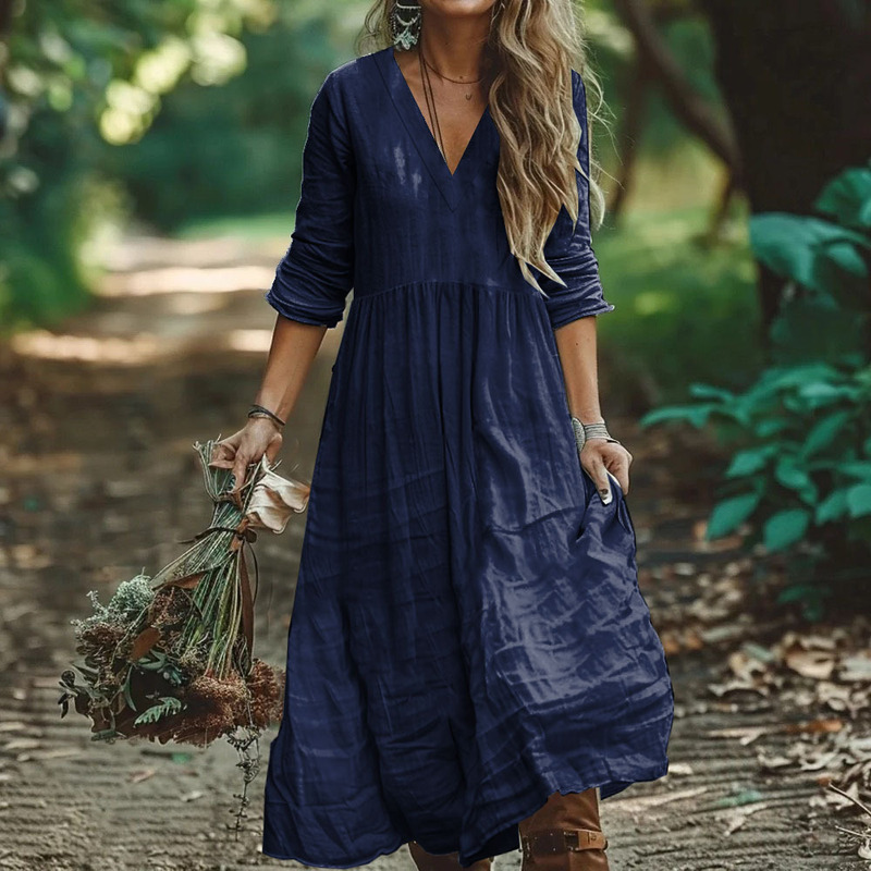 2025 Amazon Shein Cross-Border Independent Station European and American Western Cotton and Linen Style V-Neck Dress New Hot Style