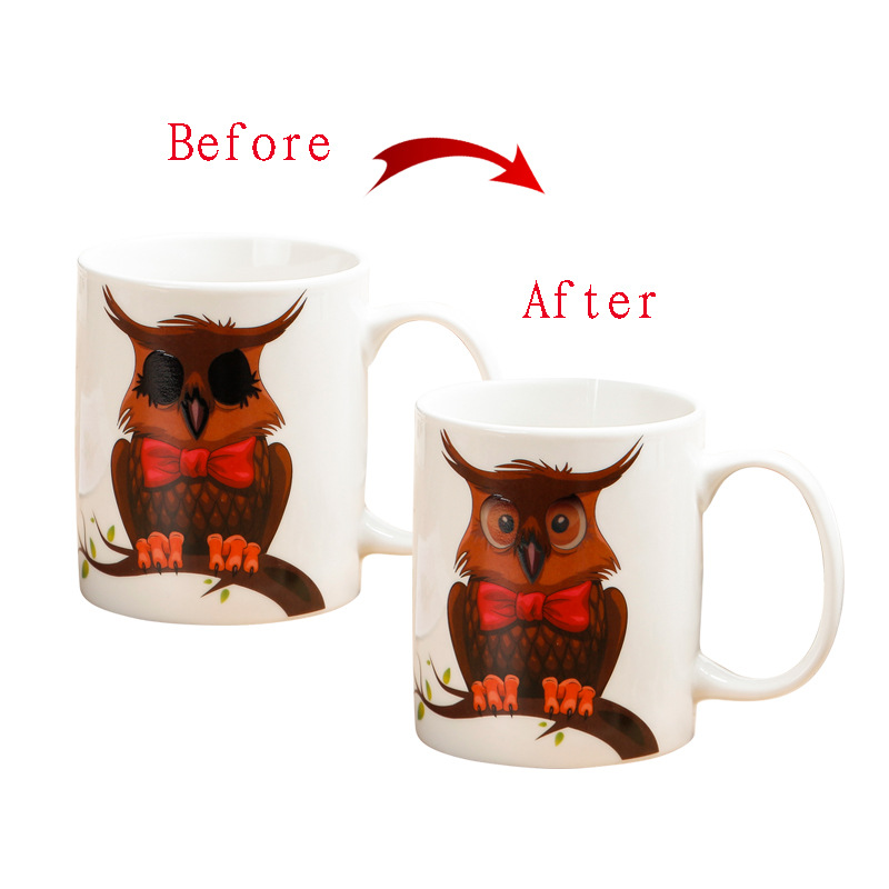 创意陶瓷杯新奇马克杯感温猫头鹰变色杯礼品咖啡杯情侣杯厂家批发