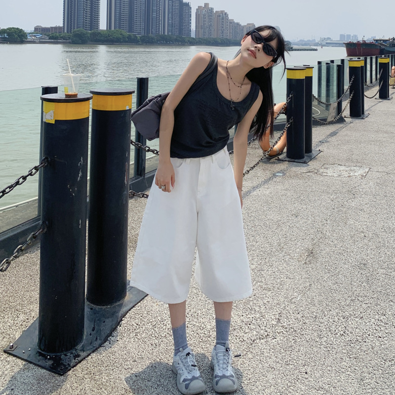 American Style High Waist Loose Wide Leg Pants White All-match Casual Pants Straight-leg Jeans for Women